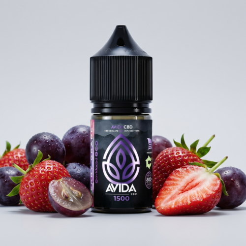 Avida CBD Berry Grape CBD Vape Juice 30ml bottle with fresh strawberries and purple grapes