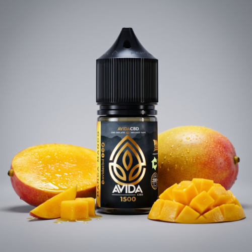 Avida CBD Manga Mango CBD Vape Juice 30ml bottle with fresh ripe mango slices and wedges