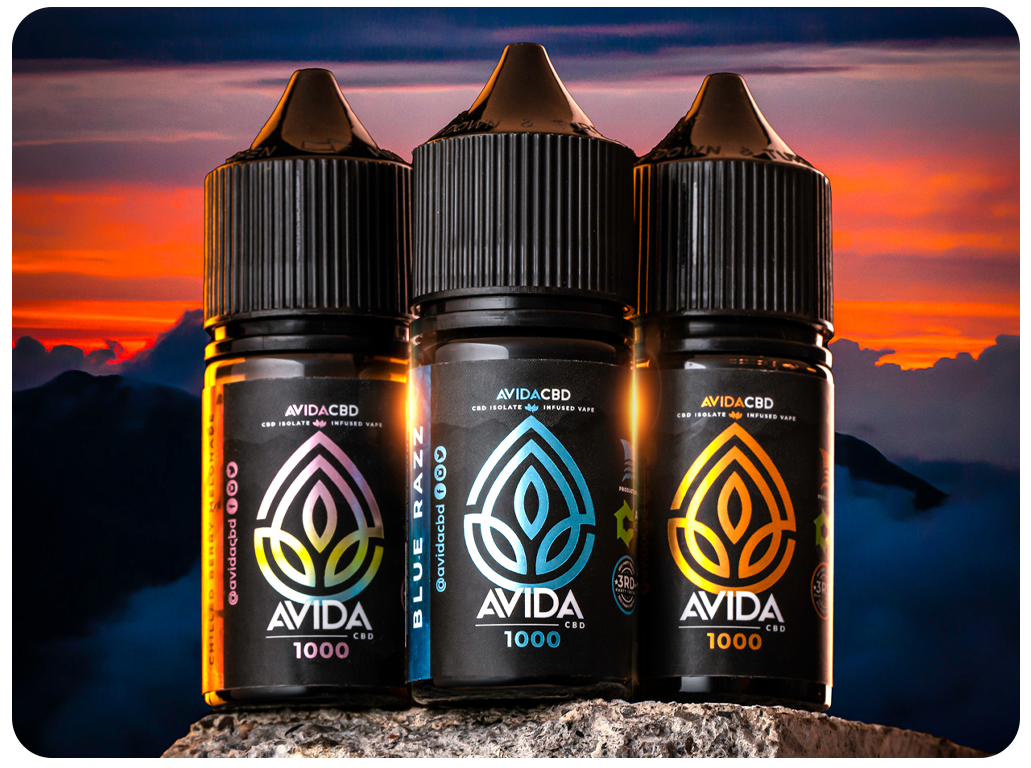 avida cbd vape juices standing on rock.