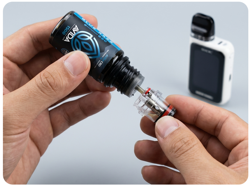 man pouring CBD into replacement pods.