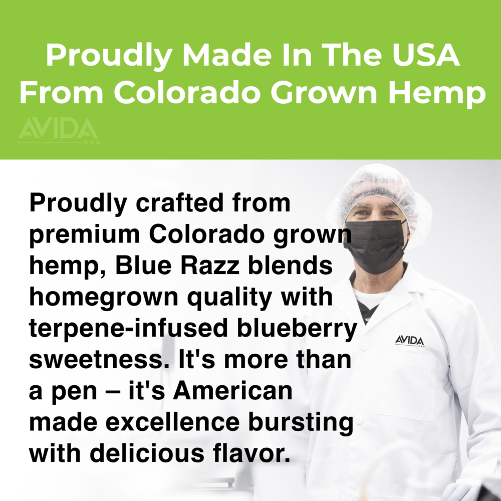Proudly crafted from premium Colorado grown hemp, Blue Razz blends homegrown quality with terpene-infused blueberry sweetness. It's more than a pen – it's American made excellence bursting with delicious flavor.
