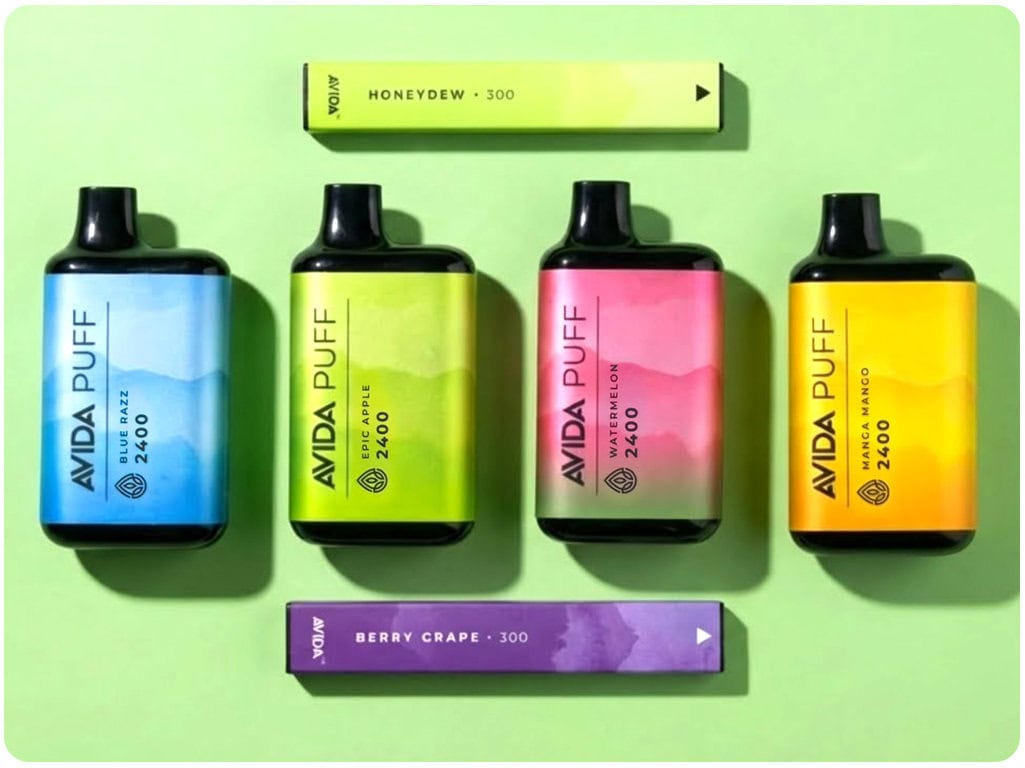 Avida CBD disposable vape pens in assorted flavors showing sleek hardware design.