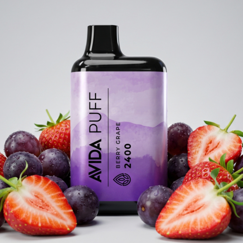 Avida Puff Berry Grape 2400 CBD disposable vape pen with fresh strawberries and purple grapes