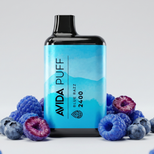 Blue Razz Avida Puff with 2400mg broad-spectrum CBD, showcasing a disposable and rechargeable design, paired with natural blueberry and raspberry accents, and its sleek packaging.