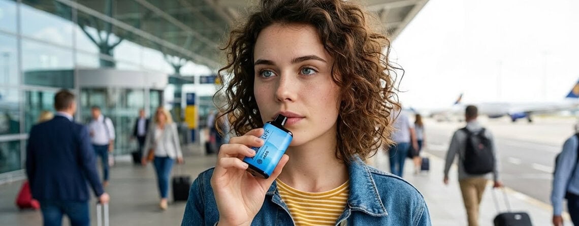girl at airport with a CBD vape pen.