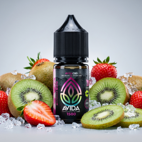 Avida CBD Chilled Kiwi Strawberry 1500mg CBD Vape Juice 30ml bottle with fresh kiwi, strawberries and crushed ice