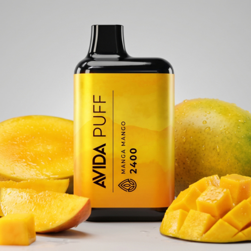 Avida Puff Manga Mango 2400mg CBD vape pen paired with its packaging, surrounded by fresh mangoes, highlighting its tropical flavor.