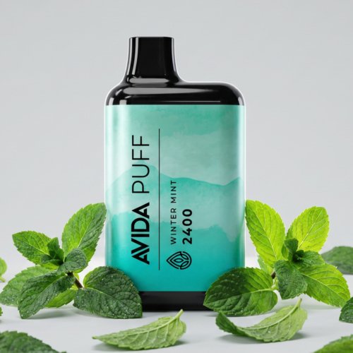 Avida Puff Winter Mint 2400 CBD disposable Pen with fresh mint sprigs and leaves