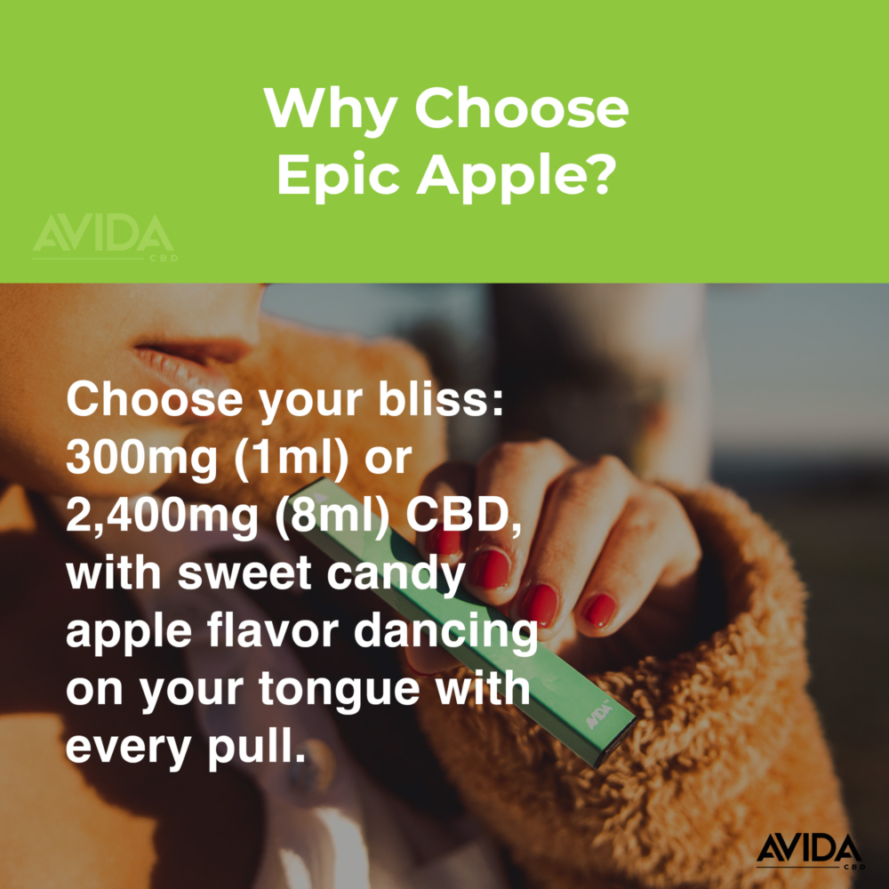 Choose your epic apple CBD vape! 2400mg 8ml pen or 300mg 1 ml pen.