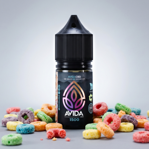 Avida CBD Loops 1500mg CBD Vape Juice 30ml bottle with multi-colored fruit flavored cereal loops