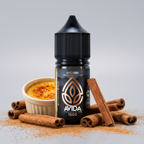 Avida CBD Cinnamon Custard CBD Vape Juice 30ml bottle with baked custard ramekin and cinnamon sticks