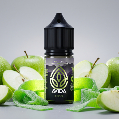 Avida CBD Epic Apple CBD Vape Juice 30ml bottle with Granny Smith apples and green sour belt candy