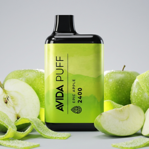 AVIDA Puff Epic Apple CBD vape with green and red apples, packaging for 2400mg broad-spectrum CBD, and sleek disposable pen.