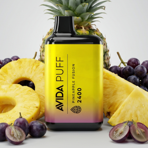 Avida Puff Pineapple Fusion disposable CBD vape with 2400mg, featuring bold pineapple and blueberry flavors, shown with packaging.