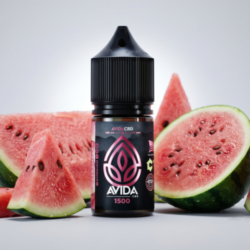 Avida CBD Watermelon CBD Vape Juice 30ml bottle with fresh watermelon wedges and slices