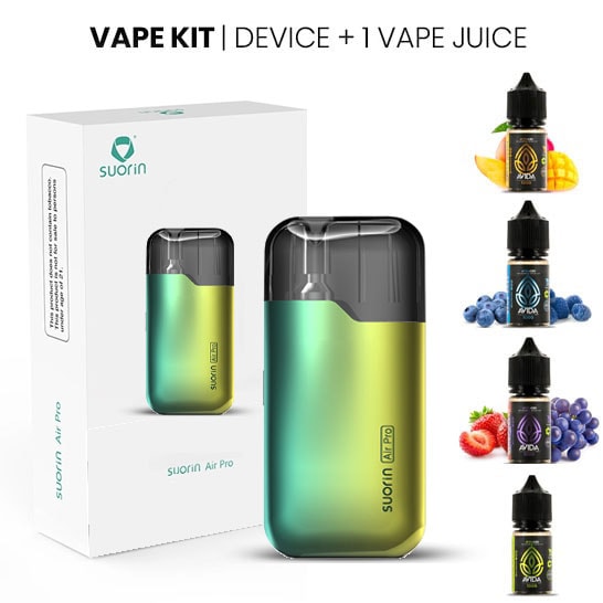 CBD vape starter kit with device and one bottle of AVIDA CBD vape juice, available in multiple flavors including mango, blueberry, grape, and flavorless, displayed on a white background.