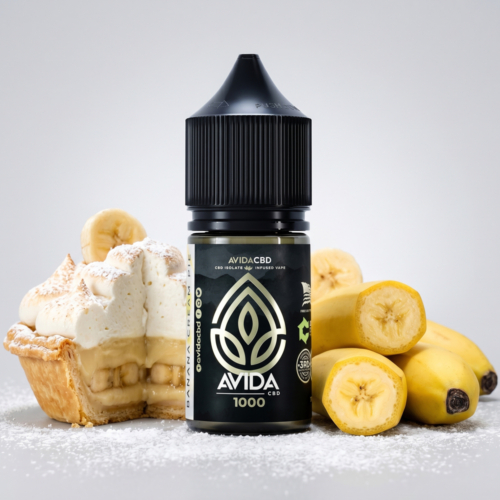 Avida CBD Banana Cream Pie CBD Vape Juice 30ml bottle with banana cream pie cake and fresh bananas