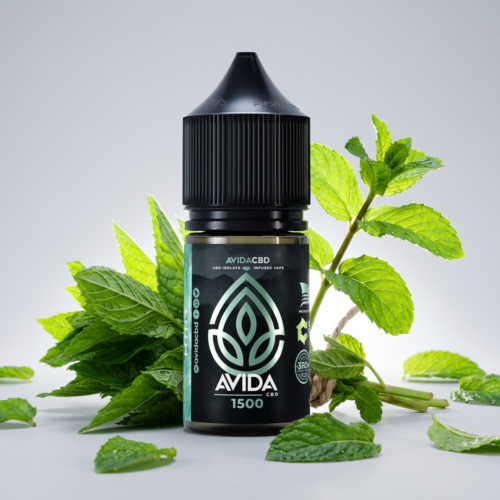 Avida CBD Mint CBD Vape Juice 30ml bottle with fresh mint sprigs and leaves