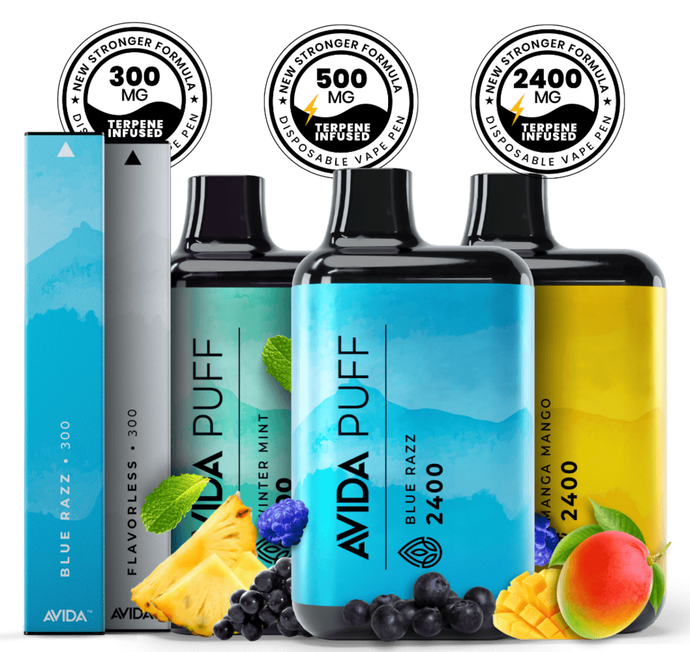 Showcasing 300mg, 500mg and 2400mg CBD vape pens.