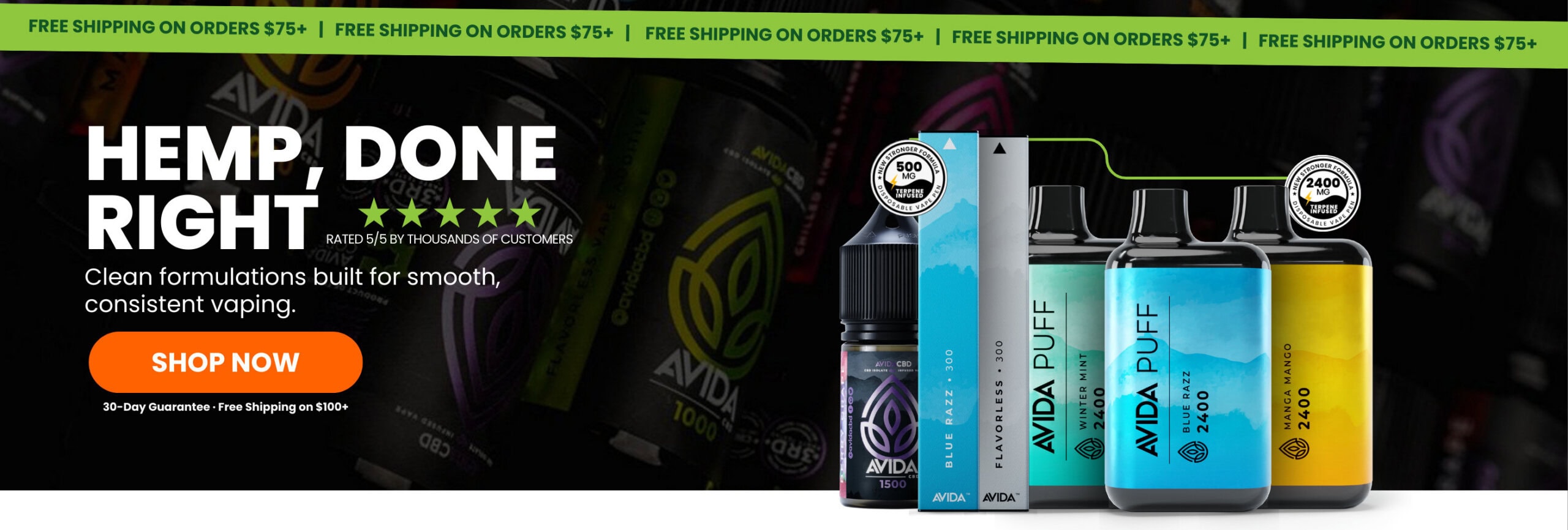 Avida CBD vape pens and vape juice lineup showing 500mg and 2400mg options in multiple flavors