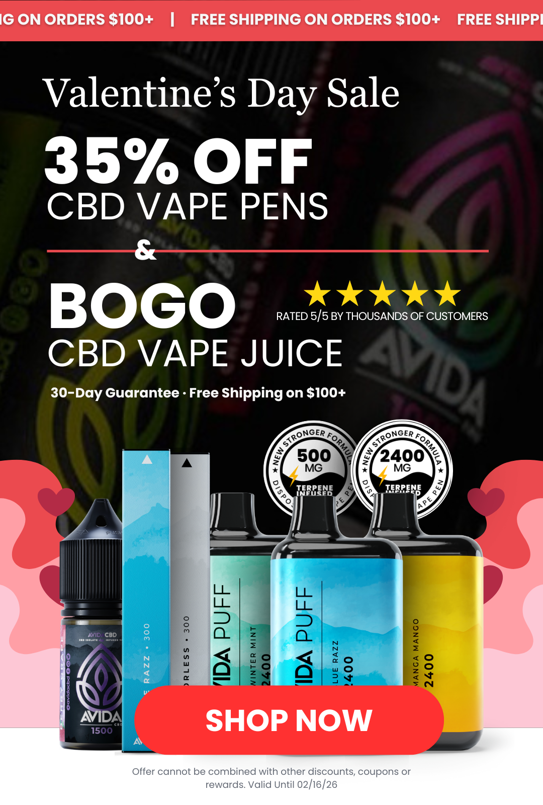 Avida CBD vape pens and vape juice lineup showing 500mg and 2400mg options in multiple flavors. Promotion