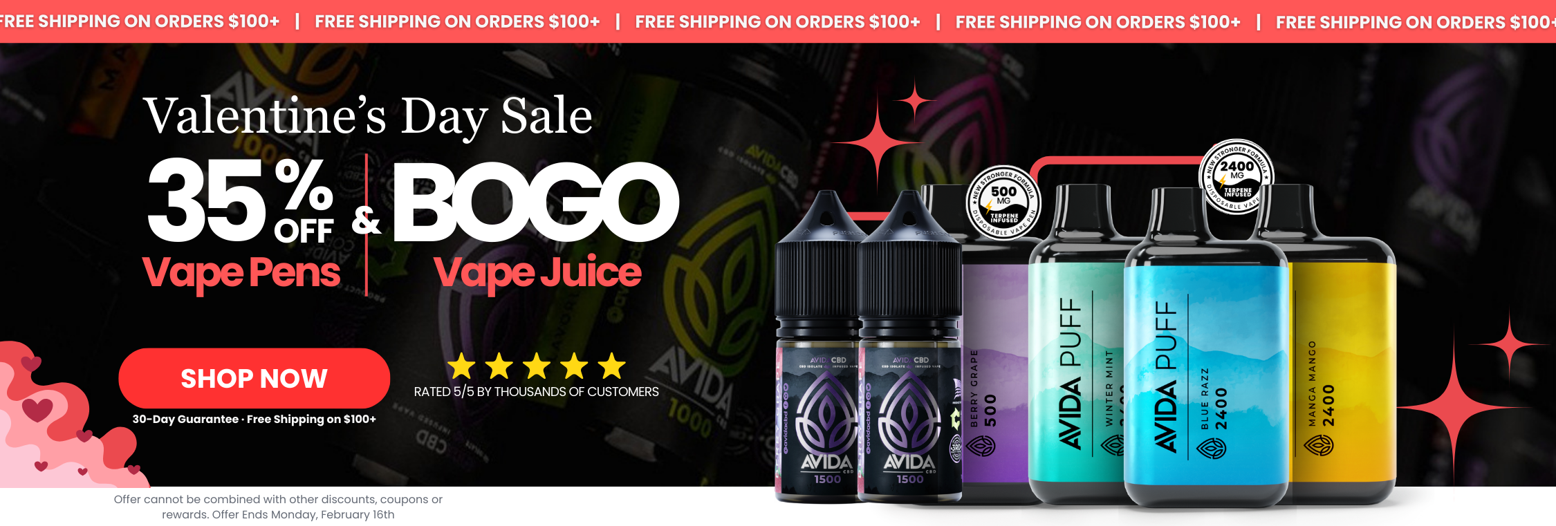 Avida CBD vape pens and vape juice lineup showing 500mg and 2400mg options in multiple flavors. Valentine's Day Sale