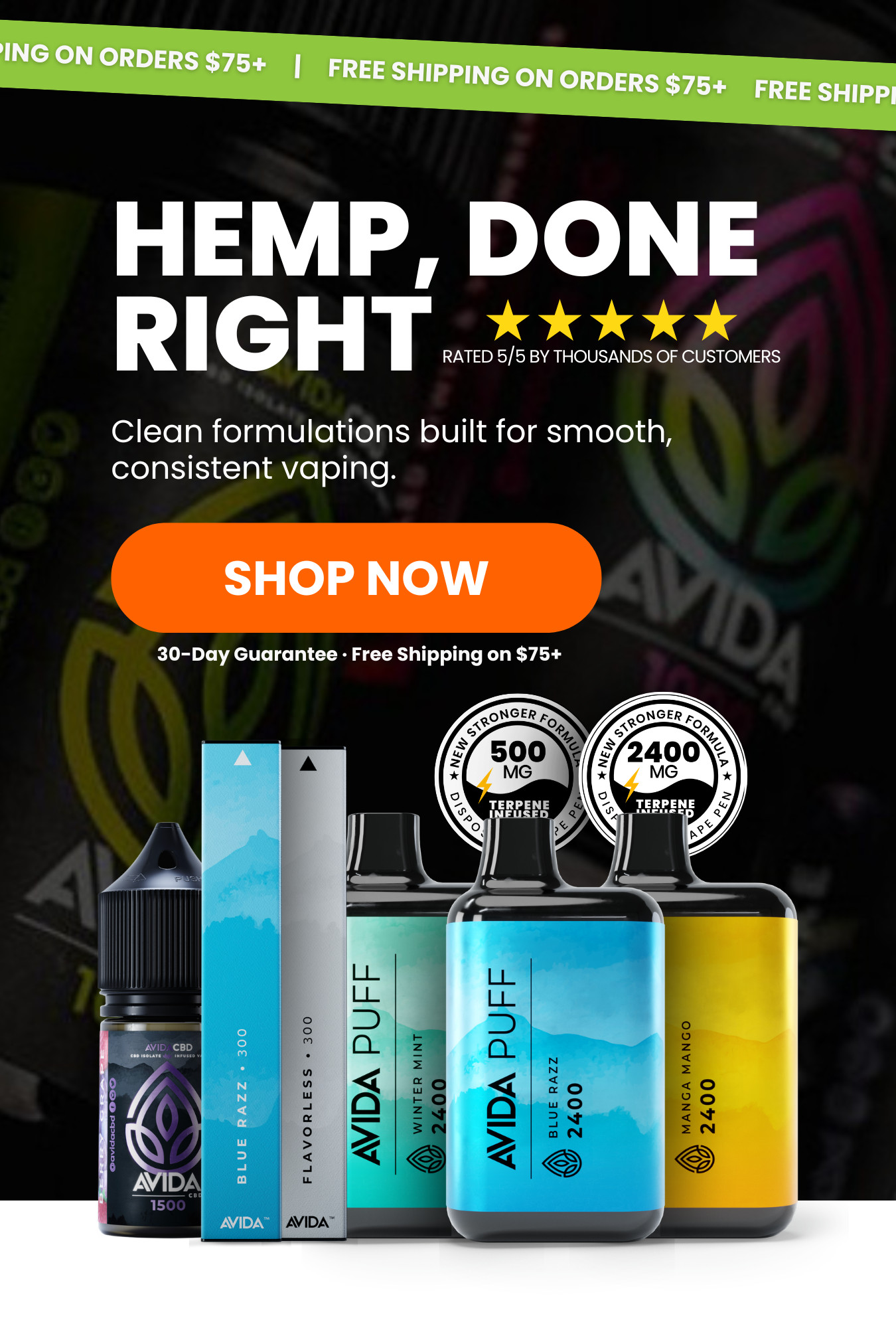 Avida CBD vape pens and vape juice lineup showing 500mg and 2400mg options in multiple flavors