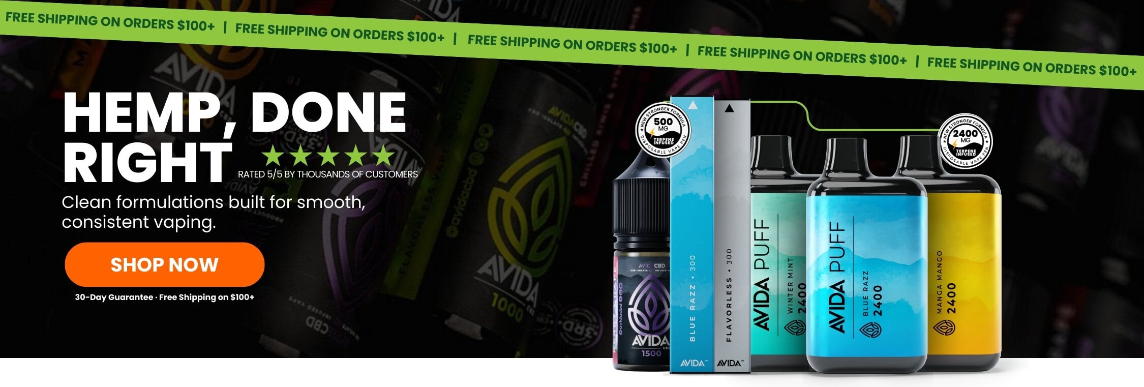 Avida CBD vape pens and vape juice lineup showing 500mg and 2400mg options in multiple flavors