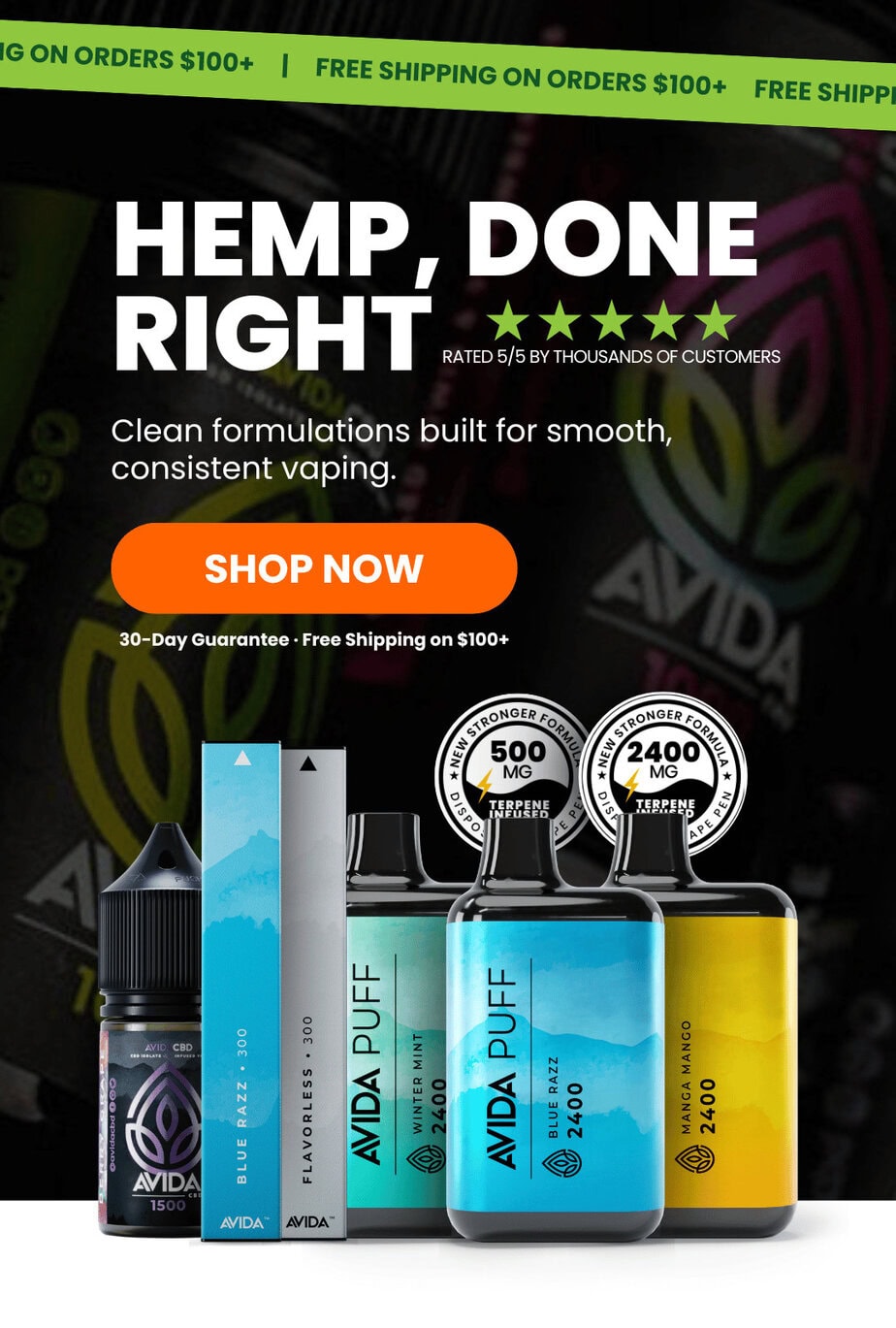 Avida CBD vape pens and vape juice bottles in multiple flavors with “Hemp, Done Right” headline