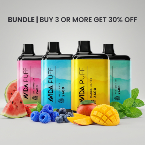 AVIDA Puff 2400mg CBD vape pens featuring Blue Razz, Pineapple Fusion, Epic Apple, and Flavorless flavors, showcased in a bundle promotion offering 30% off when you buy 3 or more.