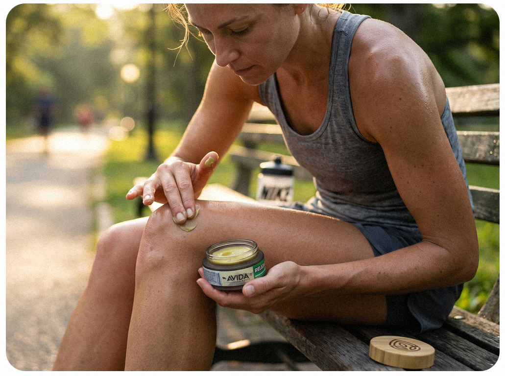 CBD Balm applied to woman's knee after a run.