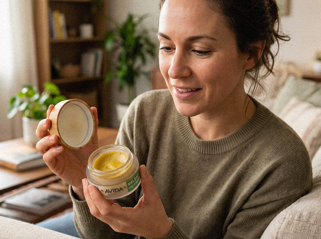 woman holding CBD balm