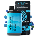 Blue Razz Avida Puff with 2400mg broad-spectrum CBD, showcasing a disposable and rechargeable design, paired with natural blueberry and raspberry accents, and its sleek packaging.