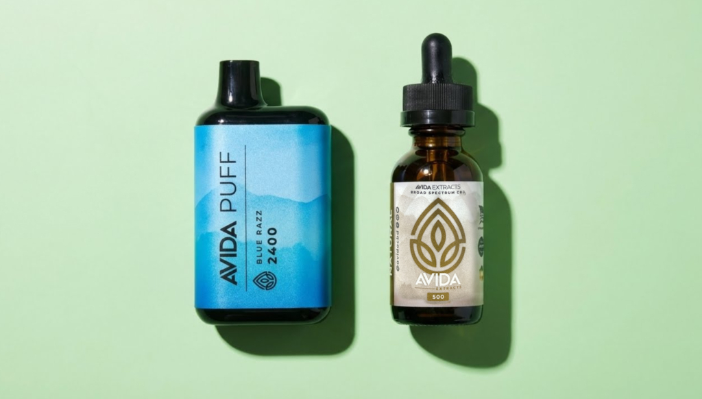 Comparison of Avida CBD oil tincture bottle versus disposable vape pen.